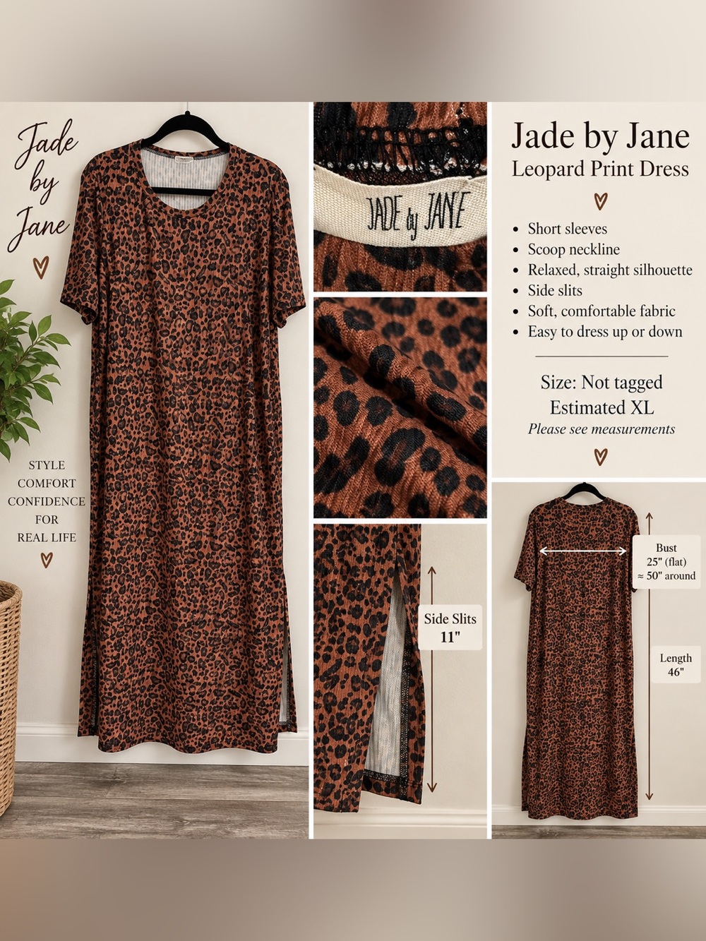 Jade by Jane Leopard Print Midi Dress Short Sleeve Est XL